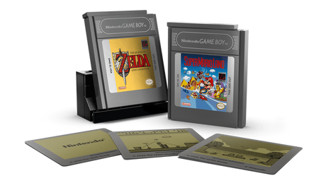 LEGO Nintendo Game Boy cartridges for The Legend of Zelda and Super Mario Land with display stand and three screen display pieces laid out in front