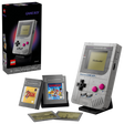 LEGO Nintendo Game Boy set box beside the Game Boy model, two interchangeable game cartridges and two screen display pieces
