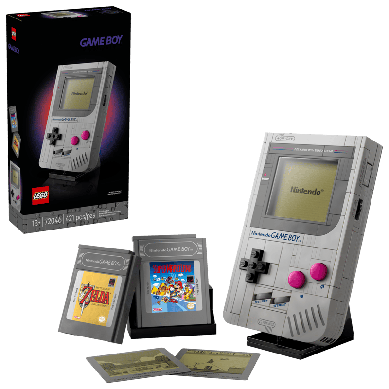 LEGO Nintendo Game Boy set box beside the Game Boy model, two interchangeable game cartridges and two screen display pieces