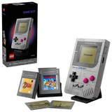 LEGO Nintendo Game Boy set box beside the Game Boy model, two interchangeable game cartridges and two screen display pieces
