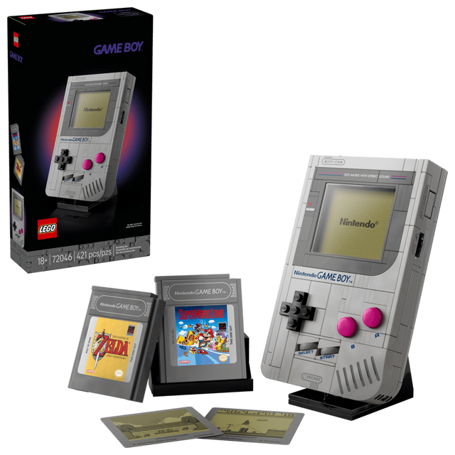 LEGO Nintendo Game Boy set box beside the Game Boy model, two interchangeable game cartridges and two screen display pieces