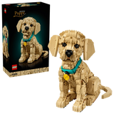 LEGO Golden Retriever Puppy box beside the completed sitting puppy model