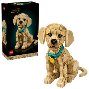 LEGO Golden Retriever Puppy box beside the completed sitting puppy model