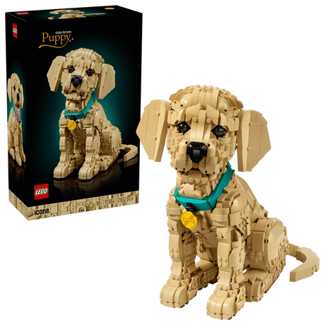 LEGO Golden Retriever Puppy box beside the completed sitting puppy model