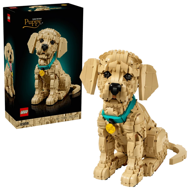 LEGO Golden Retriever Puppy box beside the completed sitting puppy model