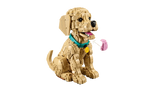 LEGO Golden Retriever Puppy model sitting with open mouth, pink tongue and turquoise collar