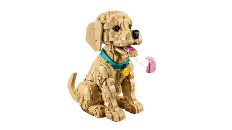 LEGO Golden Retriever Puppy model sitting with open mouth, pink tongue and turquoise collar