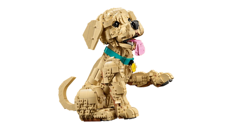 LEGO Golden Retriever Puppy model in side view with one front paw raised and pink tongue showing