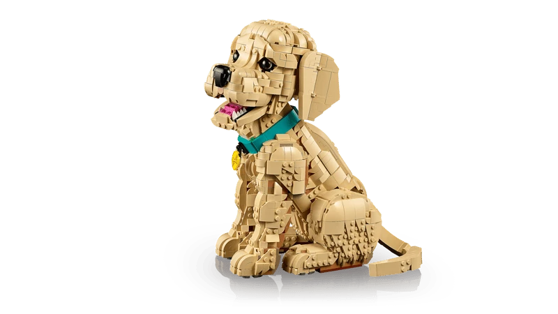 LEGO Golden Retriever Puppy model sitting in side view with turquoise collar and gold tag