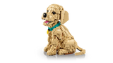 LEGO Golden Retriever Puppy model sitting in side view with turquoise collar and gold tag
