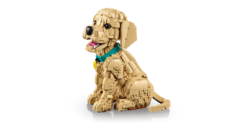 LEGO Golden Retriever Puppy model sitting in side view with turquoise collar and gold tag