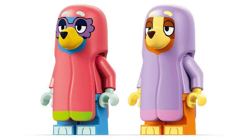 LEGO Bluey and Bingo figures wearing granny outfits