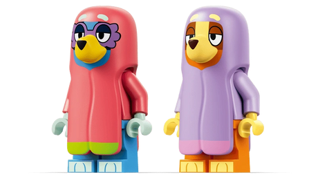 LEGO Bluey and Bingo figures wearing granny outfits