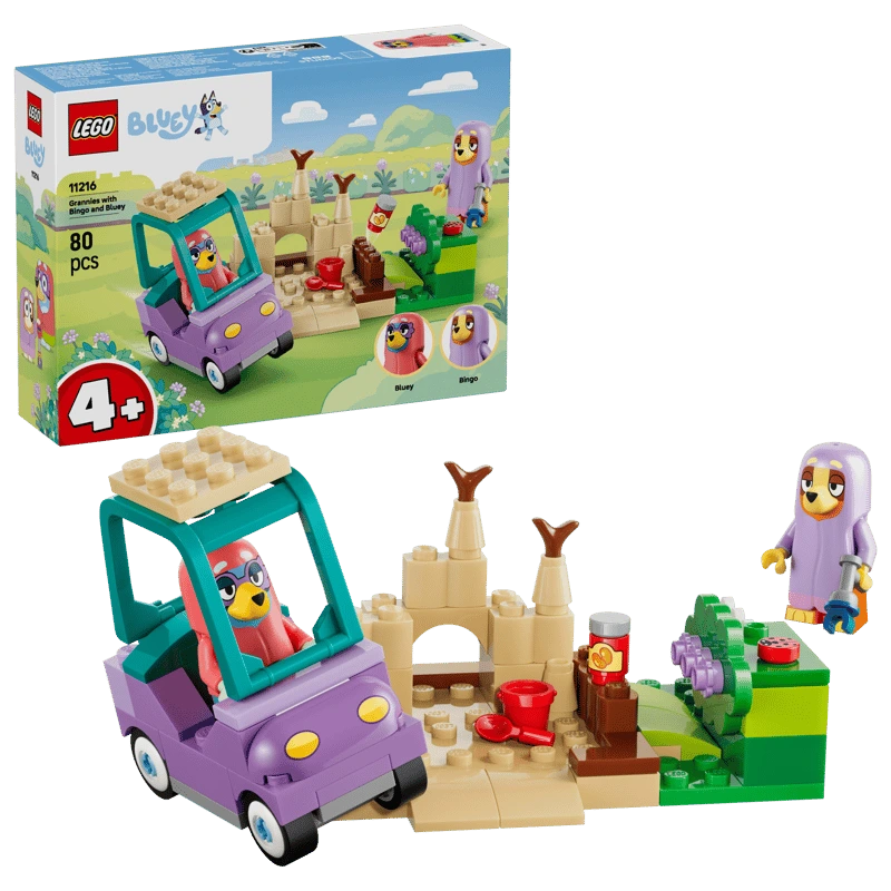 LEGO Grannies with Bingo and Bluey 11216 box with car, sandcastle, garden scene and figures