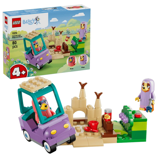 LEGO Grannies with Bingo and Bluey 11216 box with car, sandcastle, garden scene and figures