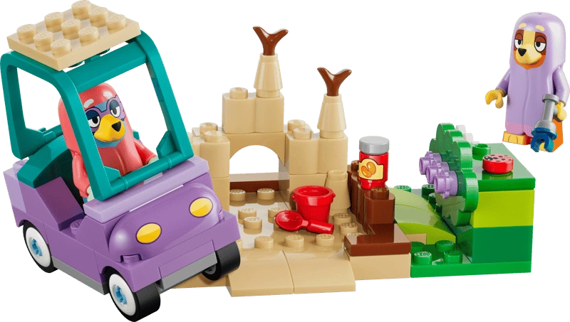 LEGO Bluey purple car beside a sandcastle, garden scene and Bingo figure