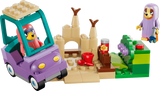 LEGO Bluey purple car beside a sandcastle, garden scene and Bingo figure