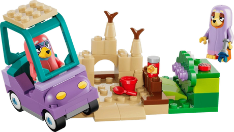 LEGO Bluey purple car beside a sandcastle, garden scene and Bingo figure
