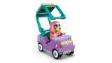 LEGO Bluey figure seated in purple car with raised roof