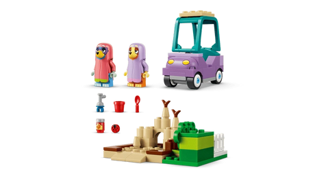 LEGO Bluey set pieces with figures, purple car, sandcastle, garden build and small accessories