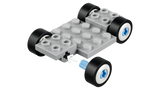 LEGO wheeled car base with grey plates and black wheels