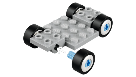 LEGO wheeled car base with grey plates and black wheels