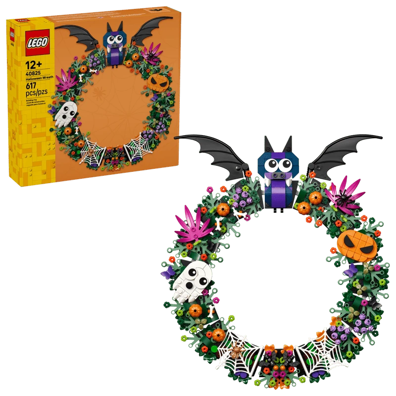 LEGO Halloween Wreath 40825 box beside the completed Halloween wreath