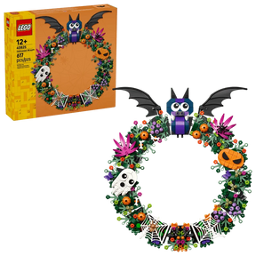 LEGO Halloween Wreath 40825 box beside the completed Halloween wreath