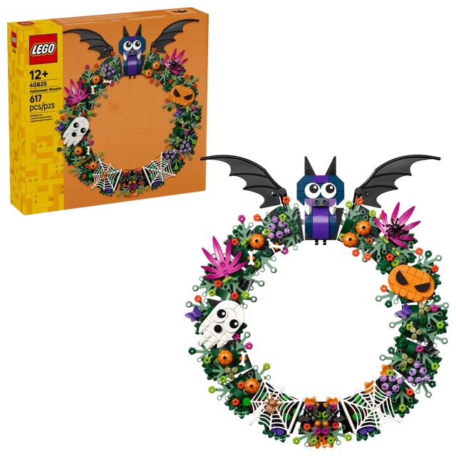 LEGO Halloween Wreath 40825 box beside the completed Halloween wreath