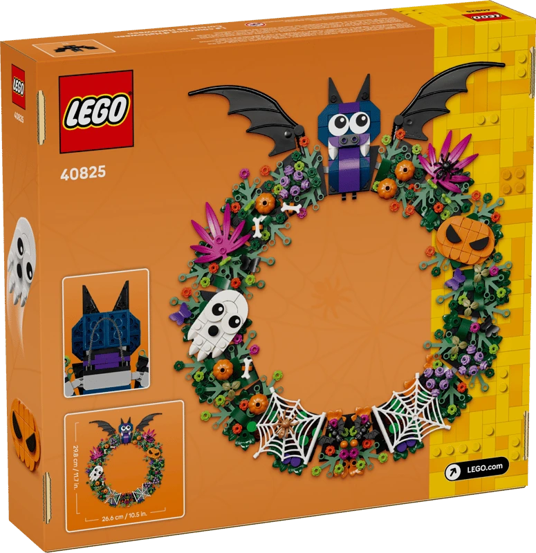 LEGO Halloween Wreath 40825 box showing the completed wreath with a bat, ghost, pumpkin and spider webs
