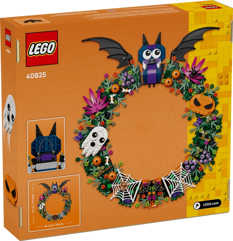 LEGO Halloween Wreath 40825 box showing the completed wreath with a bat, ghost, pumpkin and spider webs