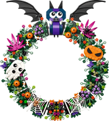 Completed LEGO Halloween Wreath 40825 decorated with a purple bat, ghost, pumpkin, flowers and spider webs