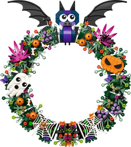 Completed LEGO Halloween Wreath 40825 decorated with a purple bat, ghost, pumpkin, flowers and spider webs