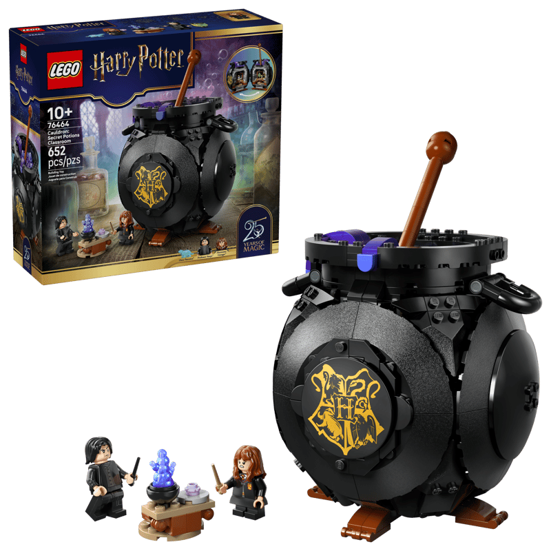 LEGO Harry Potter 76464 retail box shown beside a black brick built cauldron with brown stirring stick and two minifigures next to a small table with blue flame element