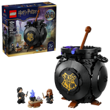 LEGO Harry Potter 76464 retail box shown beside a black brick built cauldron with brown stirring stick and two minifigures next to a small table with blue flame element