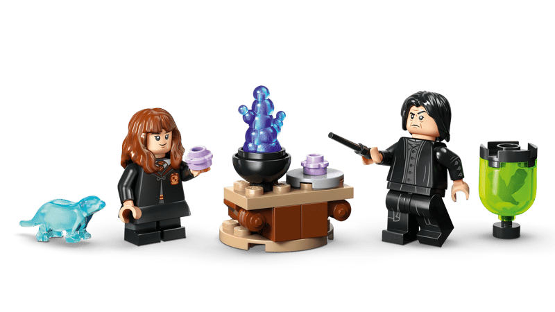 Hermione Granger holding light purple potion bottle and Professor Snape holding black wand beside small round build with blue translucent flame element, light blue otter figure and green translucent container on stand