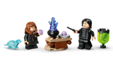 Hermione Granger holding light purple potion bottle and Professor Snape holding black wand beside small round build with blue translucent flame element, light blue otter figure and green translucent container on stand