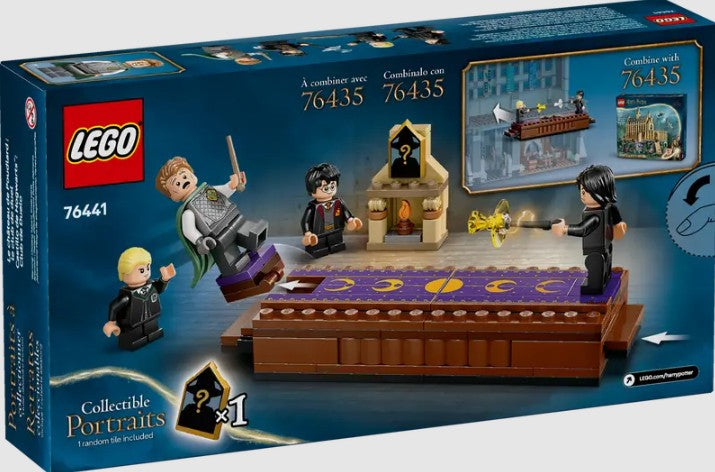Back of the LEGO Dueling Club 76441 box showing features and compatibility.