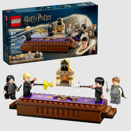 Box and contents of LEGO Hogwarts Dueling Club 76441 set.