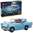 LEGO Harry Potter Enchanted Flying Ford Anglia with light blue car model, white roof, black wheels, Harry Potter and Ron Weasley figures seated inside, and retail box shown on a white background
