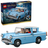 LEGO Harry Potter Enchanted Flying Ford Anglia with light blue car model, white roof, black wheels, Harry Potter and Ron Weasley figures seated inside, and retail box shown on a white background

