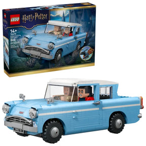 LEGO Harry Potter Enchanted Flying Ford Anglia with light blue car model, white roof, black wheels, Harry Potter and Ron Weasley figures seated inside, and retail box shown on a white background
