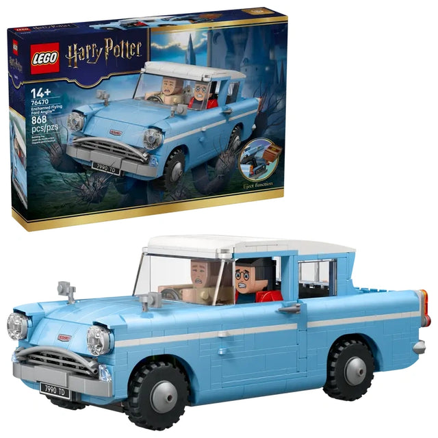 LEGO Harry Potter Enchanted Flying Ford Anglia with light blue car model, white roof, black wheels, Harry Potter and Ron Weasley figures seated inside, and retail box shown on a white background
