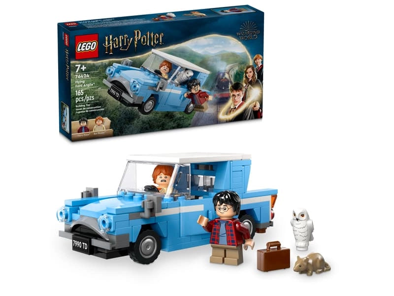 LEGO Harry Potter Flying Ford Anglia 76424 retail box shown above assembled blue car with Harry and Ron minifigures and Hedwig owl