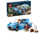 LEGO Harry Potter Flying Ford Anglia 76424 retail box shown above assembled blue car with Harry and Ron minifigures and Hedwig owl