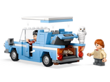 LEGO Harry Potter Flying Ford Anglia 76424 blue car with opening doors, removable roof lifted off and trunk open showing suitcase storage