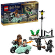LEGO Harry Potter Hagrid and Harry’s Privet Drive Escape set showing retail box beside the assembled flying motorcycle with sidecar, street scene build and minifigures on a white background

