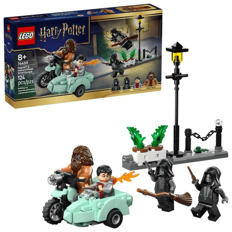 LEGO Harry Potter Hagrid and Harry’s Privet Drive Escape set showing retail box beside the assembled flying motorcycle with sidecar, street scene build and minifigures on a white background
