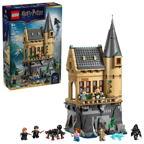 LEGO Harry Potter Hogwarts Castle Hospital Wing 76463 box shown beside the assembled tan tower build on a grey rocky base with minifigures, black spider and blue wolf figure