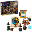 LEGO Harry Potter Hogwarts Castle Sorting Hat Ceremony set showing retail box beside the assembled sorting wheel build, table, accessories and minifigures on a white background
